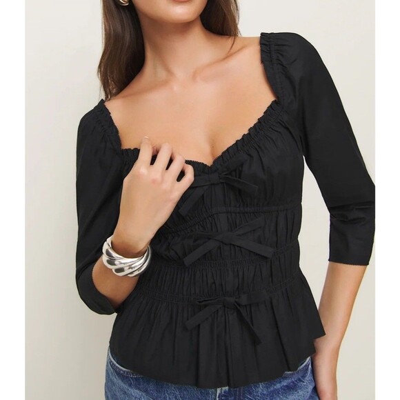 Reformation Tops - Reformation Lauryn Black Top Women’s Size 2 Cotton Bows Coquette Cottage New